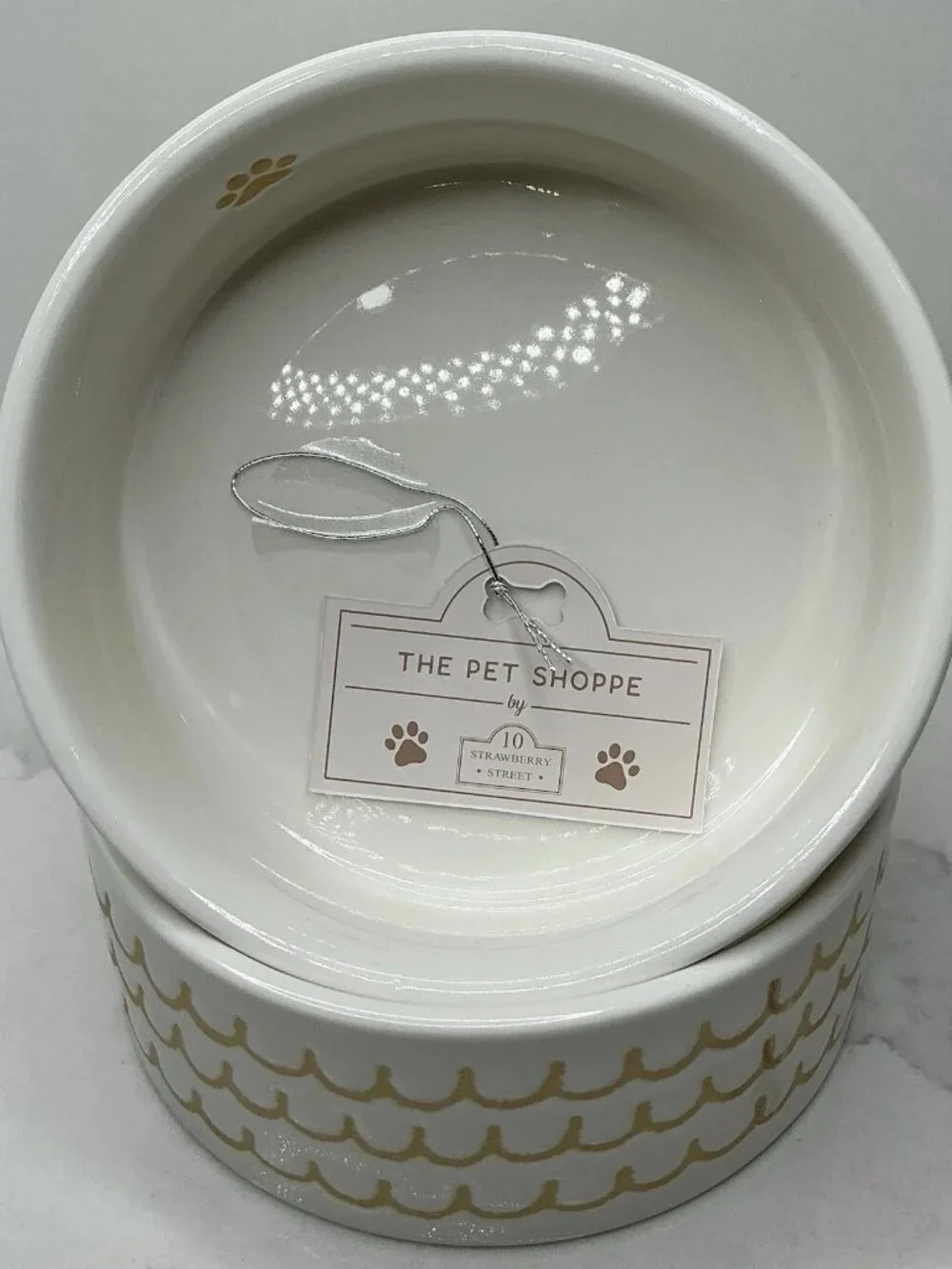 10 Strawberry Street 2 Pet Bowl Paw Waves Designs Tan Ceramic New